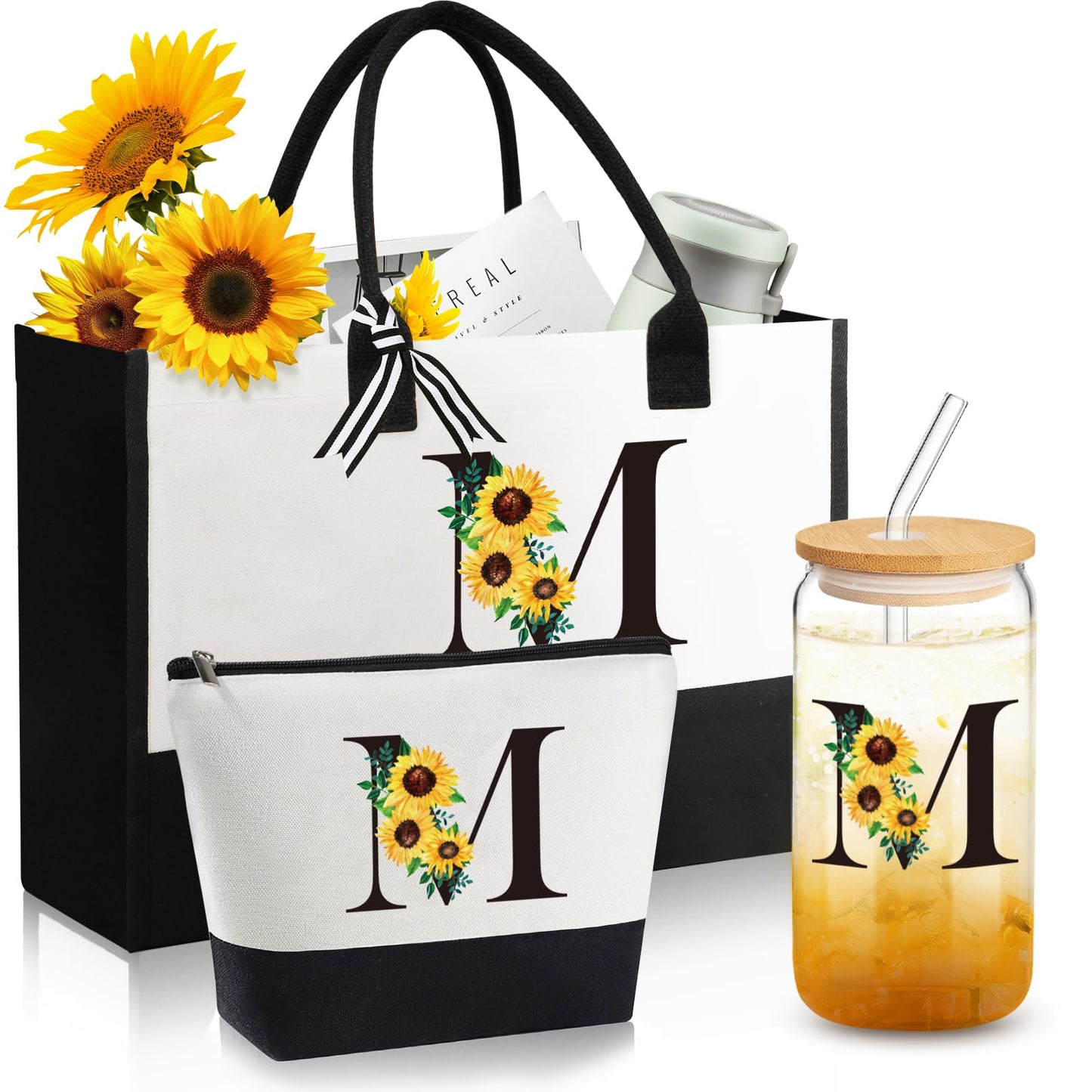 Personalized Gifts for Women, Monogrammed Gifts for Women, Initial Monogram Sunflower Birthday Mothers Day Gift for Mom Sister Best Friends - Monogrammed Canvas Tote Bag & Makeup Bag & Glass Cup M