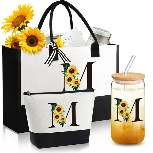 Personalized Gifts for Women, Monogrammed Gifts for Women, Initial Monogram Sunflower Birthday Mothers Day Gift for Mom Sister Best Friends - Monogrammed Canvas Tote Bag & Makeup Bag & Glass Cup M