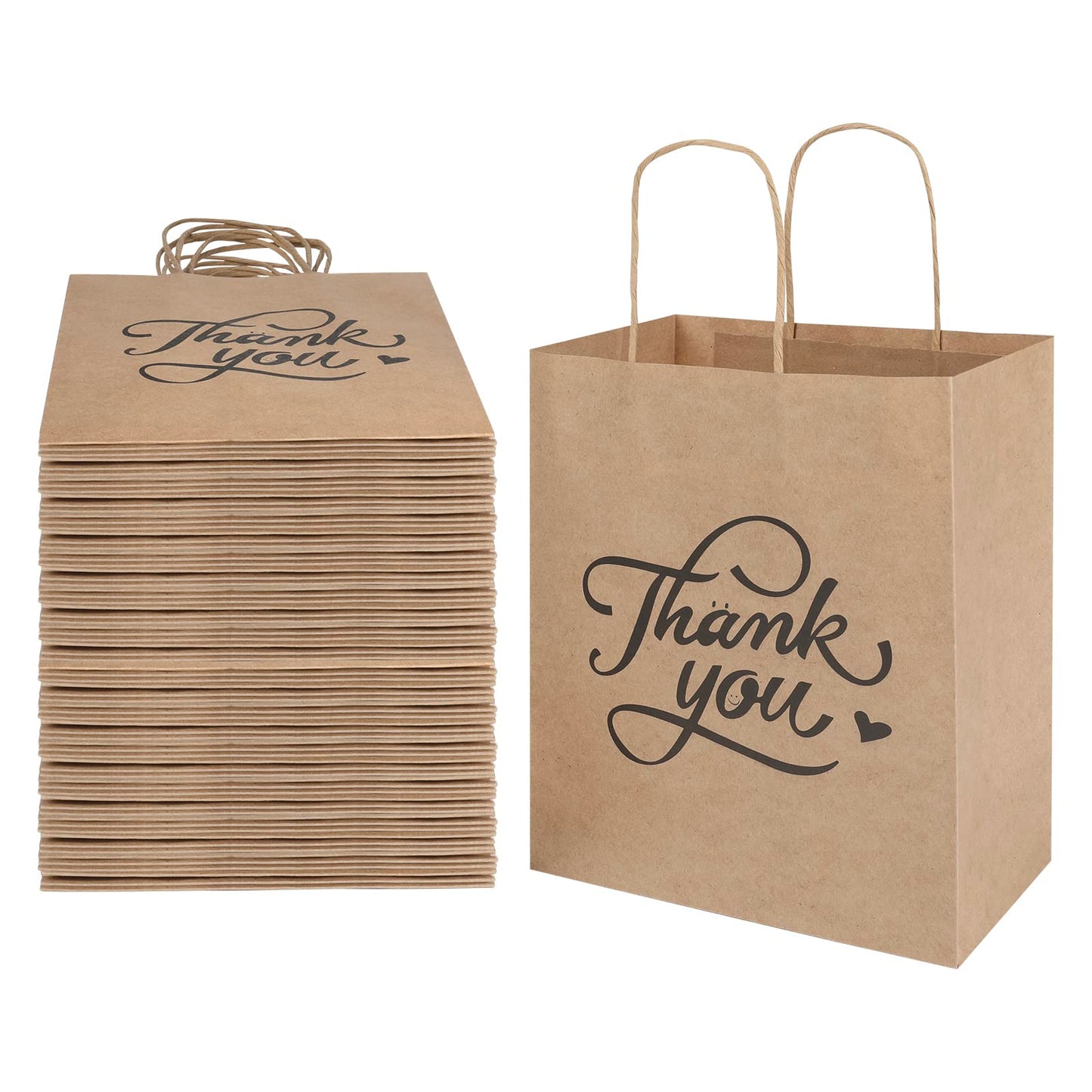 bagmad 100 Pack 8x4.75x10 Inch Medium Brown Paper Gift Bags with Handles Bulk, Thank You Kraft Paper Bags for Party Favors Grocery Retail Shopping Wedding Craft Sacks (Plain Natural, 100pcs Count)