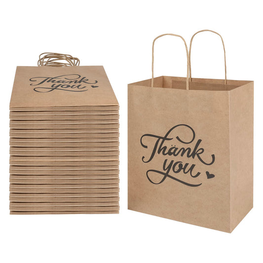 bagmad 100 Pack 8x4.75x10 Inch Medium Brown Paper Gift Bags with Handles Bulk, Thank You Kraft Paper Bags for Party Favors Grocery Retail Shopping Wedding Craft Sacks (Plain Natural, 100pcs Count)