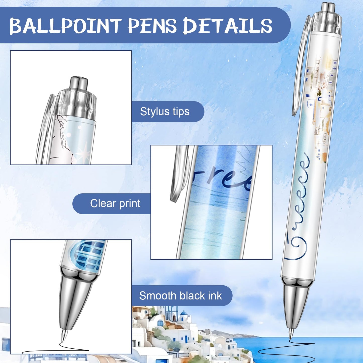 Sayglossy 15 Pcs Greece Travel Ballpoint Pens Greece Souvenirs Gifts Greek Travel Pen Bulk Retractable European Souvenirs for Office Supplies Traveler Gifts
