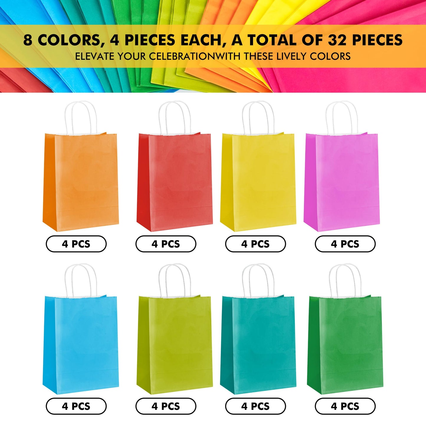RACETOP 32 Pack Small Paper Gift Bags with Handles, 5.8"×3.2"×8.25" Kraft Paper Party Favor Bags Bulk for Kids Birthday, Baby Shower, Crafts, Wedding, Party Supplies (8 Colors)