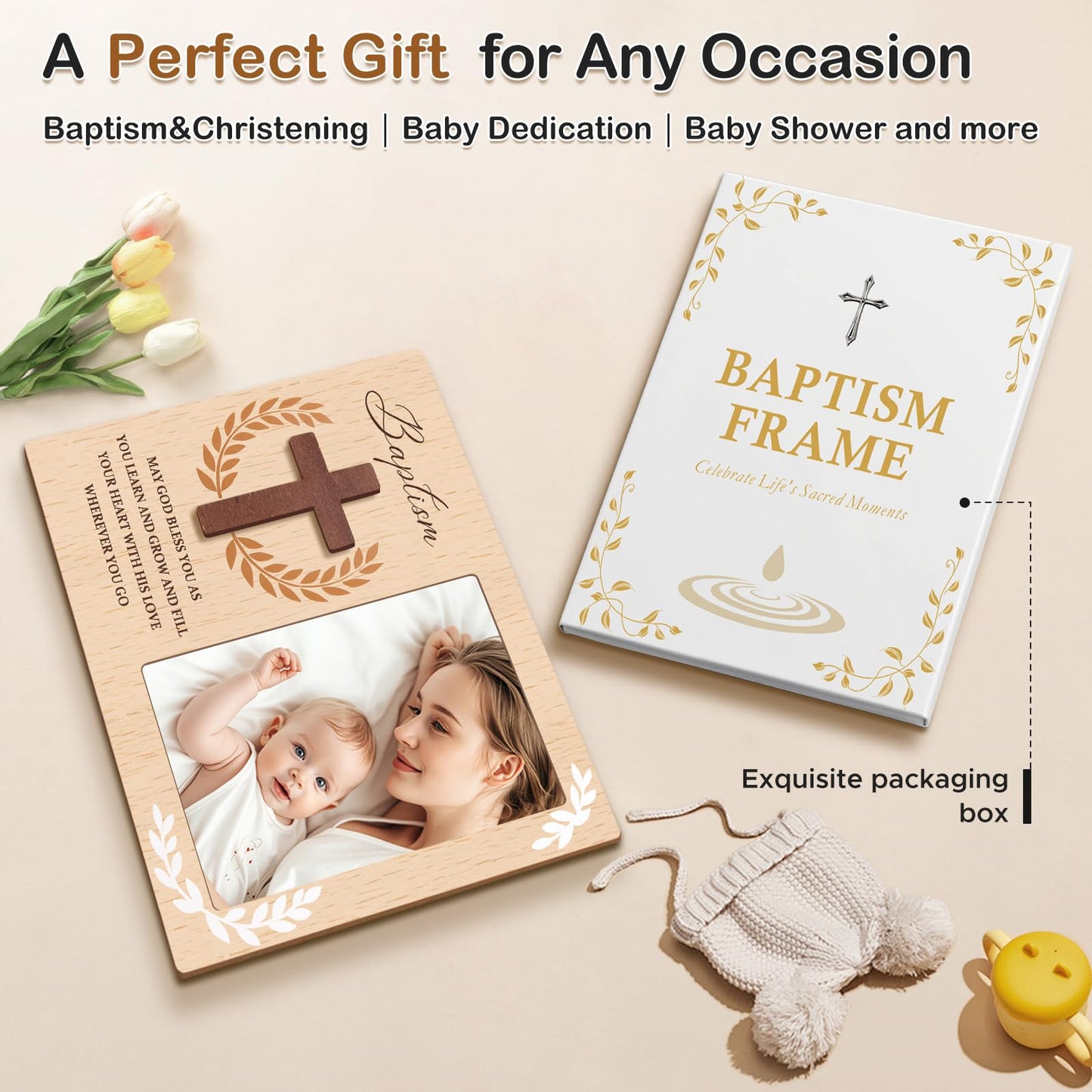 Baptism Picture Frame Gifts,Baptism Gifts for Boys Girls, Christening Baby Gift from Godparents Friends Family,3D Cross Wood Picture Frame(4x6-Vertical)