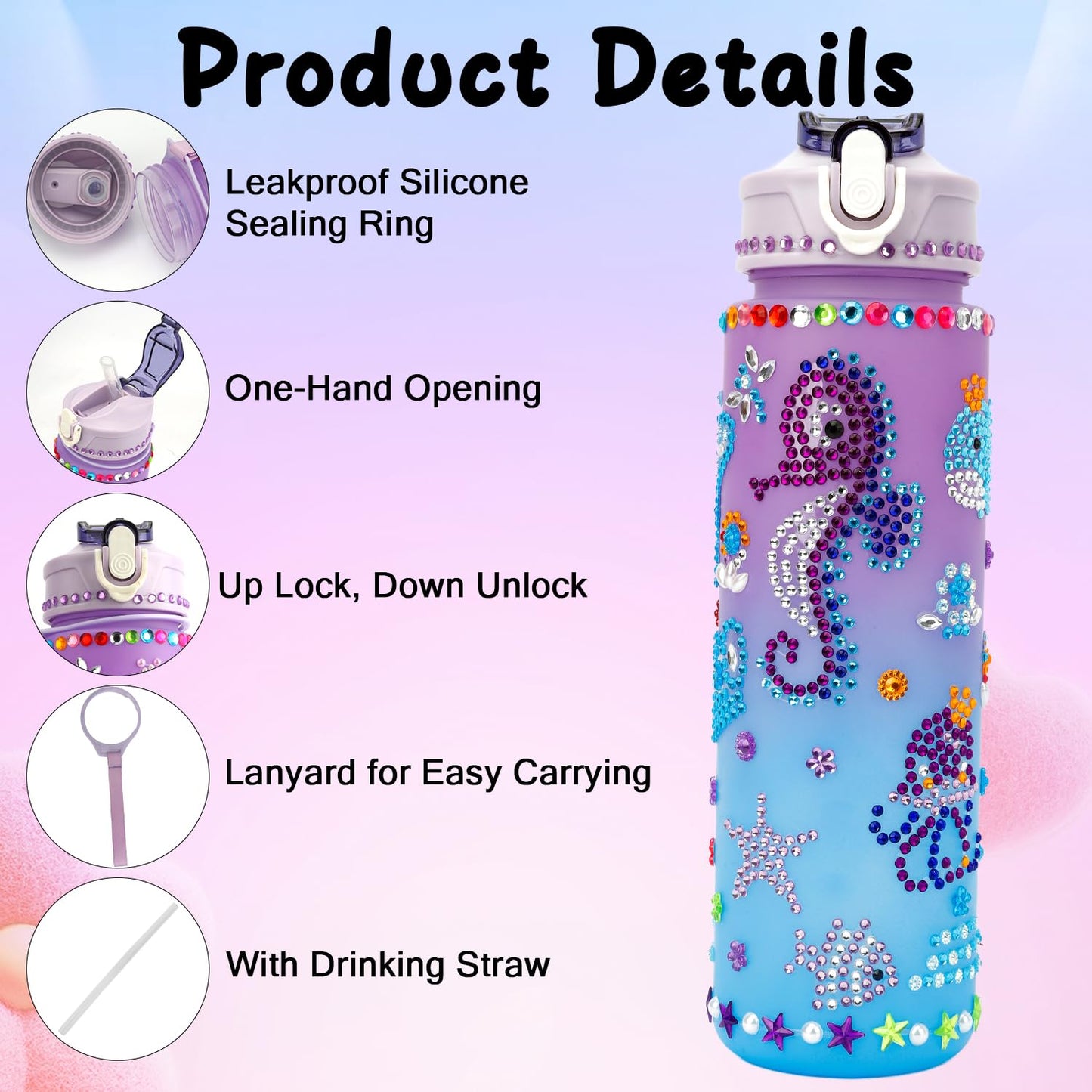 Decorate Your Own Water Bottle Kit for Girls 4-12 Girls Water Bottle Gem Stickers DIY Arts and Crafts Kits Supplies 5 6 7 8 9 10 Year Old Girl Easter Birthday Gifts Easter Basket Stuffers Purple
