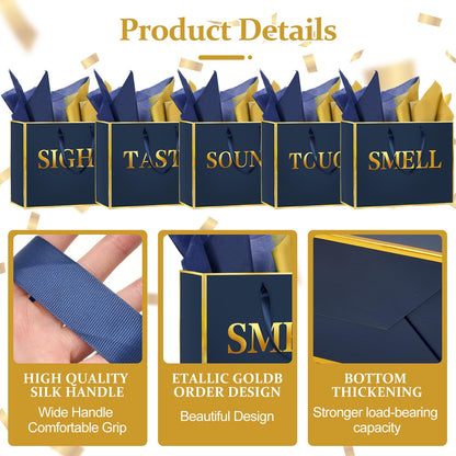 5 Senses Gift Bags for Him Her with Labels, Handles & Tissue Paper - Gold Foil Five Senses Gift Bags Party Decor for Birthday, Wedding, Anniversary,Christmas, Valentine's Day (Navy Blue, 11.8x 10x 4 inch)
