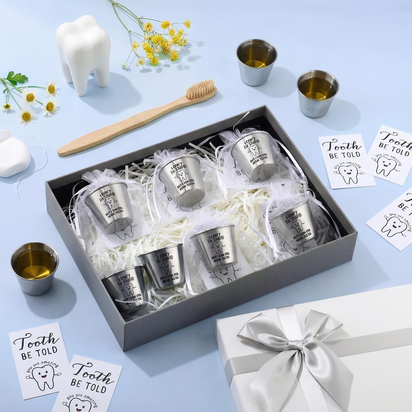 Roshtia 10 Sets Dental Assistant Gifts Bulk Graduation Orthodontic Health Staff Appreciation Funny Dentist End of School Year Tooth Shot Glasses Stainless Steel Tumbler Fix Your Teeth Cups with Cards