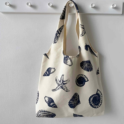 Beach Inspired Canvas Tote Bag For Women, Nautical Seashell And Starfish Print, Casual Shoulder Bag Aesthetic, Cute Small Book Tote, Portable Washable For Women Grocery Shopping Gift For Birthday Day