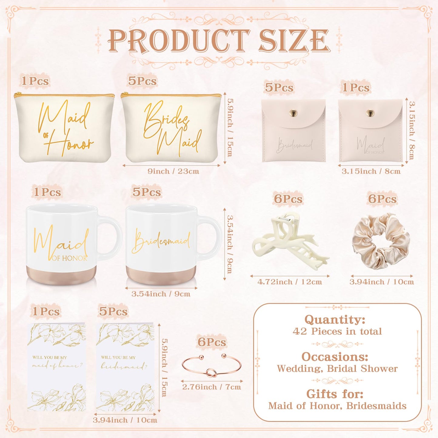 Didaey 42 Pcs 6 Sets Wedding Favors Bridesmaid Proposal Gifts Maid of Honor Ceramic Coffee Cups Cosmetic Makeup Bags Invited Cards Scrunchies Knotted Bracelets Jewelry Bags Hair Claw Clips(Champagne)