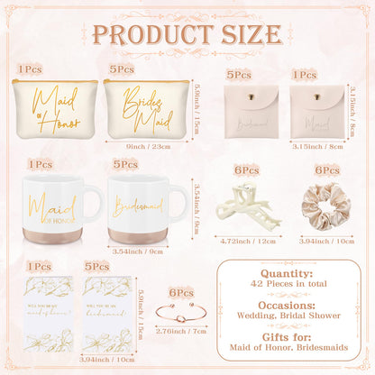Didaey 42 Pcs 6 Sets Wedding Favors Bridesmaid Proposal Gifts Maid of Honor Ceramic Coffee Cups Cosmetic Makeup Bags Invited Cards Scrunchies Knotted Bracelets Jewelry Bags Hair Claw Clips(Champagne)