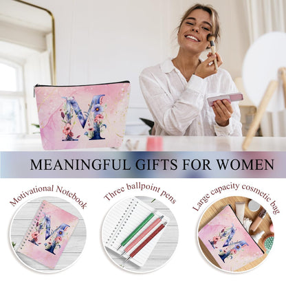 Personalized Gifts Monogrammed Birthday Gifts for Women, Her, Teacher Mother in Law Wedding Christmas Initial 20 oz Tumbler, Makeup Bag Cup Pens Journal Notebook 6 Set, (Aesthetic Pink Flower M)