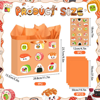 Sushi Gift Bag Japanese Sushi Birthday Wrapping Bag with Tissue Paper Greeting Card Kawaii Food Birthday Party Decor for Kids Girl Boy Baby Shower Graduation Wedding Japanese Festival Party