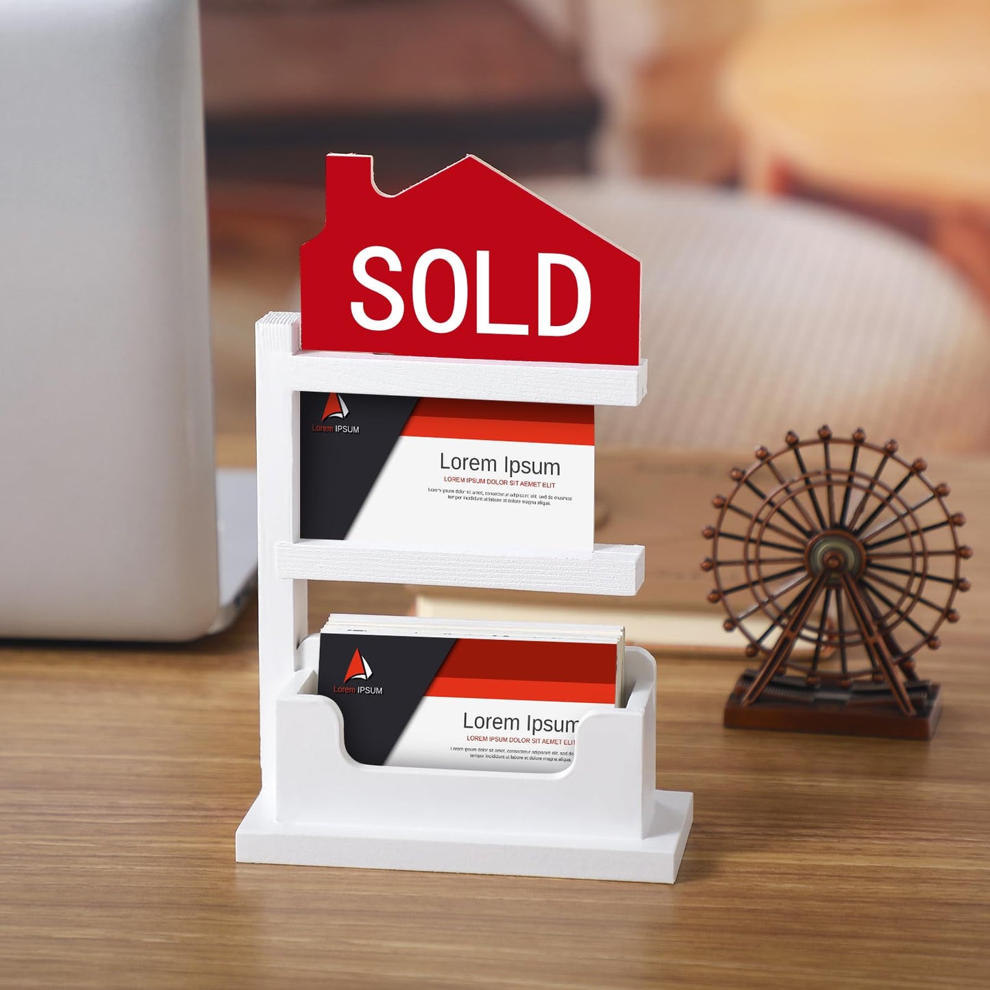 Weysat Real Estate Business Card Holder Wooden Display Stand Farmhouse Business Card Organizer Real Estate Agent Gifts Supplies for Office Reception(White)