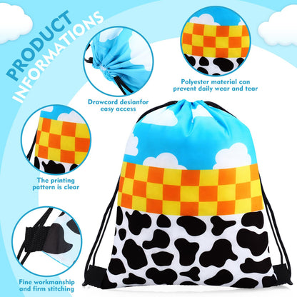 Abbylike 24 Pcs Cartoon Party Favor Bags Birthday Gift Candy Goodies Treat Drawstring Backpacks for Blue Sky Cloud Cow Party Room Decoration Prizes