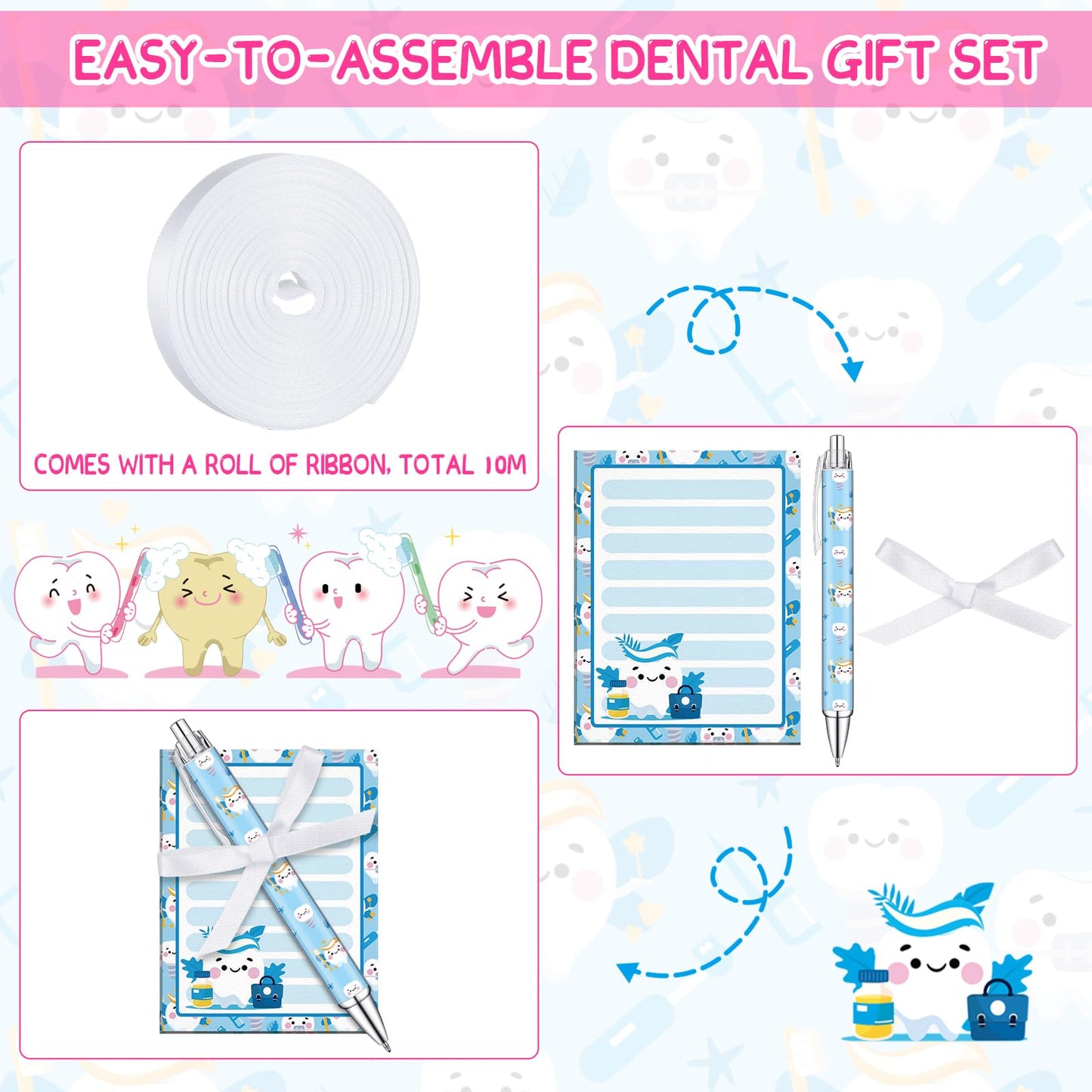 Eaasty 48 Pcs Dental Hygienists Gifts Bulk Tooth Notepads and Ballpoint Pens with Ribbon Dental Assistant Appreciation Gifts for Dentist, Nurse, Doctor, Staff, Coworker