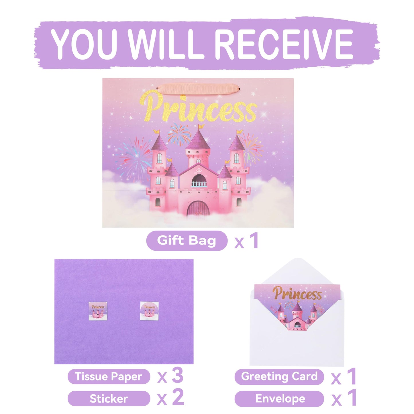 wishinside 13'' Large Princess Gift Bag Set with Handles, Greeting Card, Purple Tissue Papers and Stickers for Women Girls Kids Teens for Birthday Party, Wedding, Anniversary, Castle Design, 1 Pcs