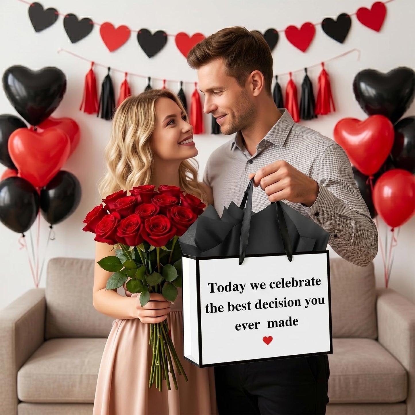 Woosytoo Anniversary Best Decision Gift Bags with Wrapping Paper and Card Wedding Anniversary Engagement Bridal Shower Decoration Supplies for Men Women Husband Wife Boyfriend Girlfriend