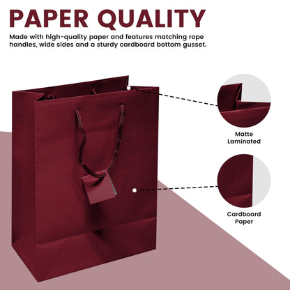 Novel Box Burgundy Gift Bags with Handles 10 Pack 8x4x10 Inches Large Paper Bulk Gift Bags for Business, Shopping, Birthday, Party Favor - Euro Tote Paper Bag for Groceries & Personal Use