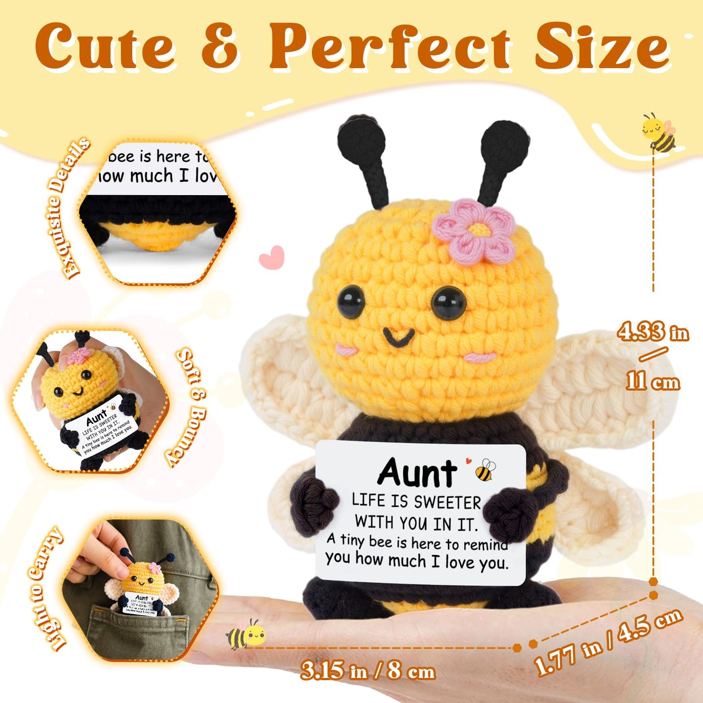 Aunt Gifts from Niece Nephew, Birthday Gifts for Aunt Ideas - Cute Handmade Crochet Bee - Christmas Valentines Mothers Day for Auntie, Emotional Support Crochet Decor