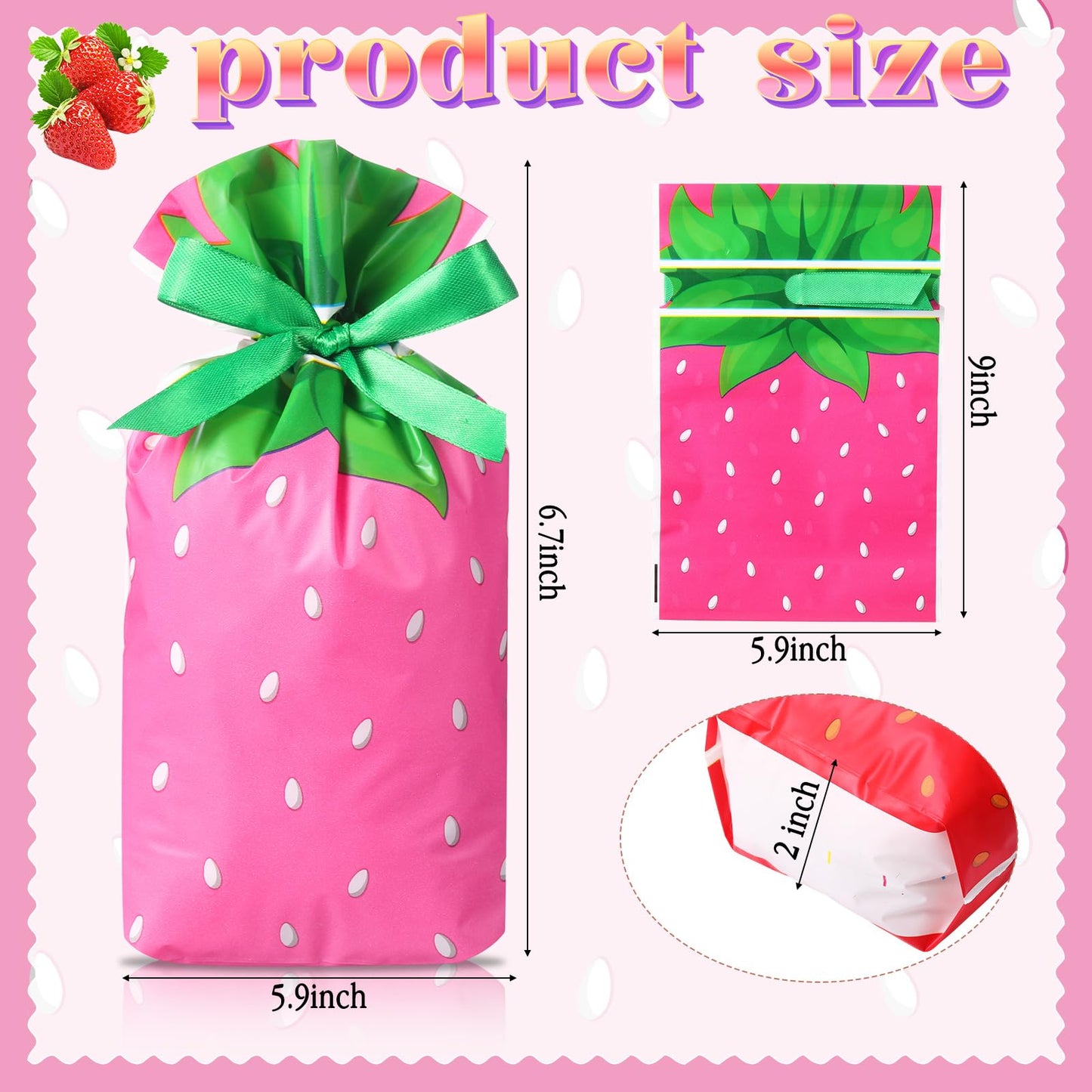 Pasimy 50 Pcs Strawberry Gift Bags Bulk 5.9 x 9 in Plastic Red Pink Strawberry Party Drawstring Favor Treat Goodie Candy Bags for Strawberrys Party Strawberrys Birthday Decorations Supplies, 2 Designs