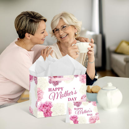 Yoirrat Mother's Day Flower Gift Bags White and Pink Happy Mother's Day Floral Gift Bags with Handle Gift Bags with Wrapping Paper Card Large Mothers Day Paper Bags Mothers Day Gifts Party Supplies
