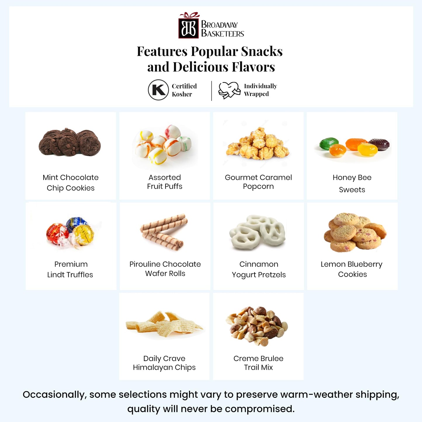 Broadway Basketeers Gift Tower with Gourmet Cookies & Snack Treats for Memorial Day, Birthdays, Corporate Thank You Gifts, Kosher