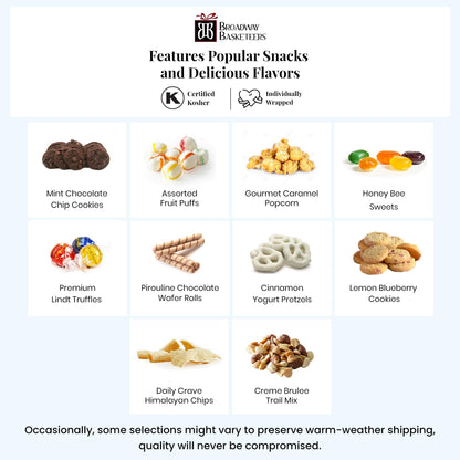 Broadway Basketeers Gift Tower with Gourmet Cookies & Snack Treats for Memorial Day, Birthdays, Corporate Thank You Gifts, Kosher