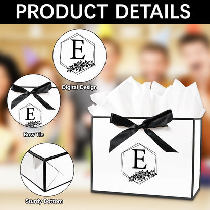 Personalized Initial Gift Bag, Large Alphabet Birthday Gift Bag with Tissue Paper and Bow Ribbon for Men Women, Initial Bow Bags for Gifts Wrapping, Bridal Party, Birthday Decorations (White, L)