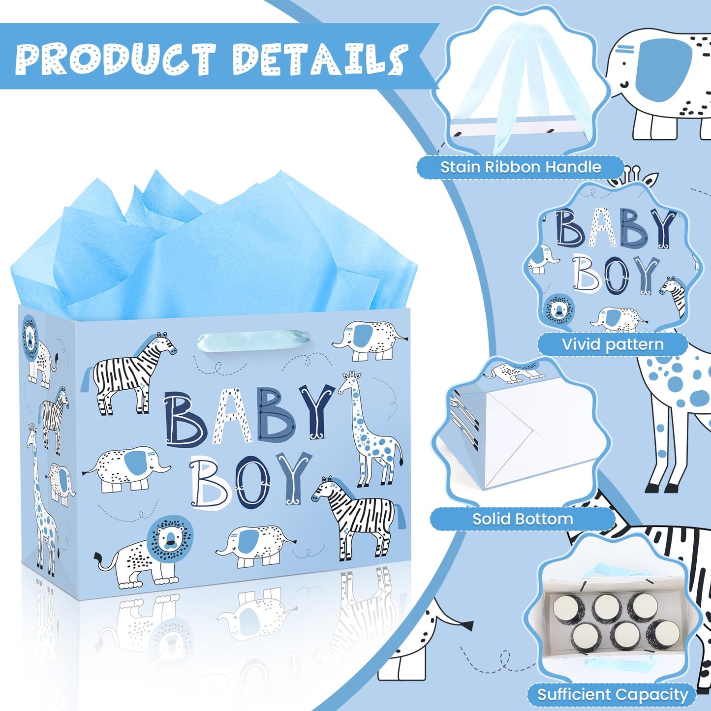 Baby Boy Gift Bag Animal Baby Shower Paper Gift Bag with Tissue Paper and Greeting Card, Blue Animal Baby Boy Birthday Wrapping Paper Bag for Kids Boys Baby Shower Birthday Party Decorations Supplies