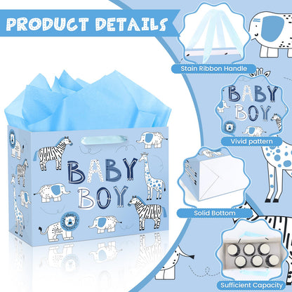 Baby Boy Gift Bag Animal Baby Shower Paper Gift Bag with Tissue Paper and Greeting Card, Blue Animal Baby Boy Birthday Wrapping Paper Bag for Kids Boys Baby Shower Birthday Party Decorations Supplies