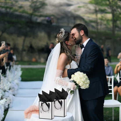 OEMVALATY 6 Pcs Thank You Gift Bags with Handles and Tissue Paper 9 x 7 x 3. 15'' Elegant Welcome Gift Bags with Bow Ribbon for Wedding Bridesmaid Baby Shower Groomsmen Birthday Party(White, Black)