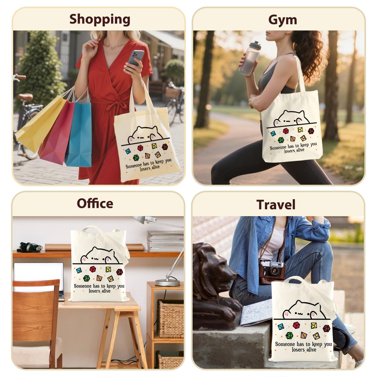 DnD Collection Tote Bag for Women, Cat Throwing Dice, Dungeon Master, Dragons Gamer Gift, Dungeons And Dragons Gifts for Women, Reusable Canvas Cute Shoulder Bag for Shopping, Grocery, Work, Book