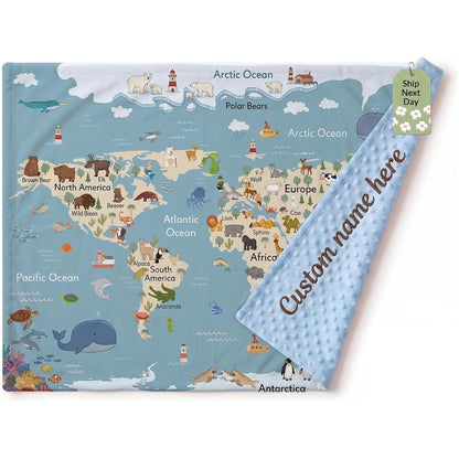 Ship Next Day Personalized Cotton Minky Baby Blanket with Name Text Custom Handmade Embroidered Blankets Customized Anniversary Picture Gift Throw for Boy Girl Kid Dad Mom Mama (World Map)