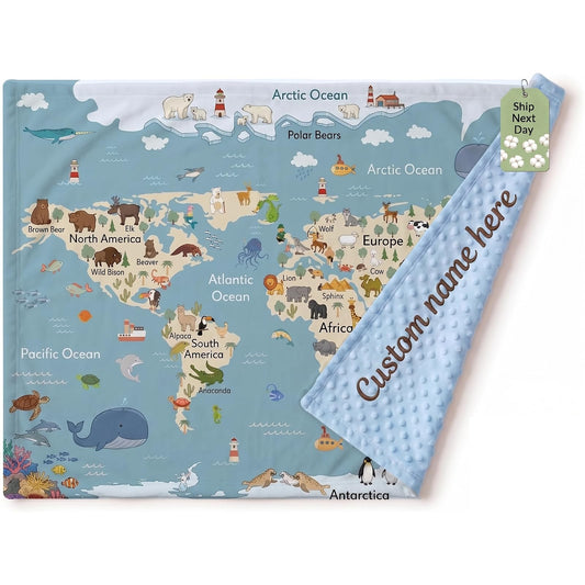 Ship Next Day Personalized Cotton Minky Baby Blanket with Name Text Custom Handmade Embroidered Blankets Customized Anniversary Picture Gift Throw for Boy Girl Kid Dad Mom Mama (World Map)