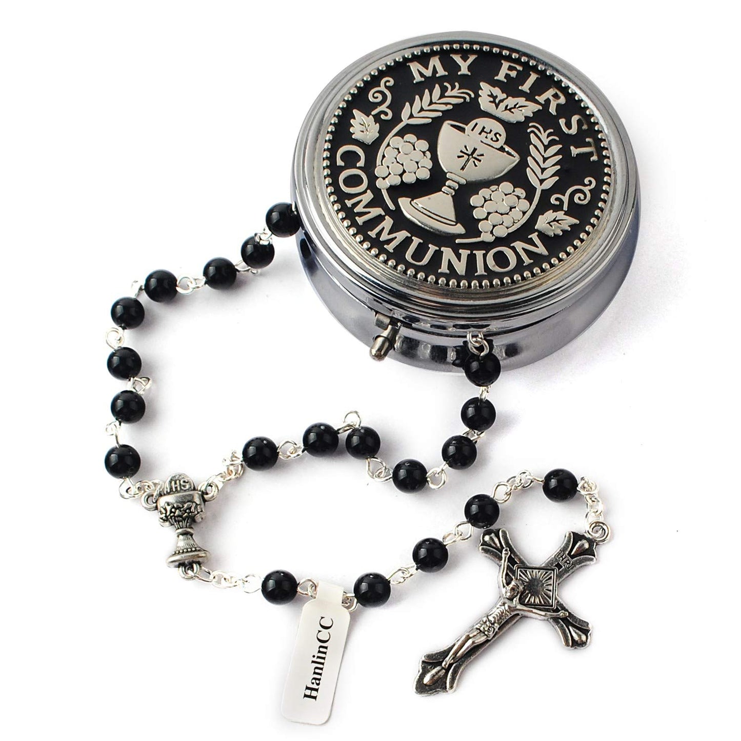 HanlinCC 6mm Glass Pearl Prayer Beads First Communion Rosary with Chalice Center Piece and Crucifix in Anti-Silver Plated Pack in Holy Cup Metal Gift Box