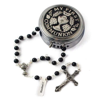 HanlinCC 6mm Glass Pearl Prayer Beads First Communion Rosary with Chalice Center Piece and Crucifix in Anti-Silver Plated Pack in Holy Cup Metal Gift Box