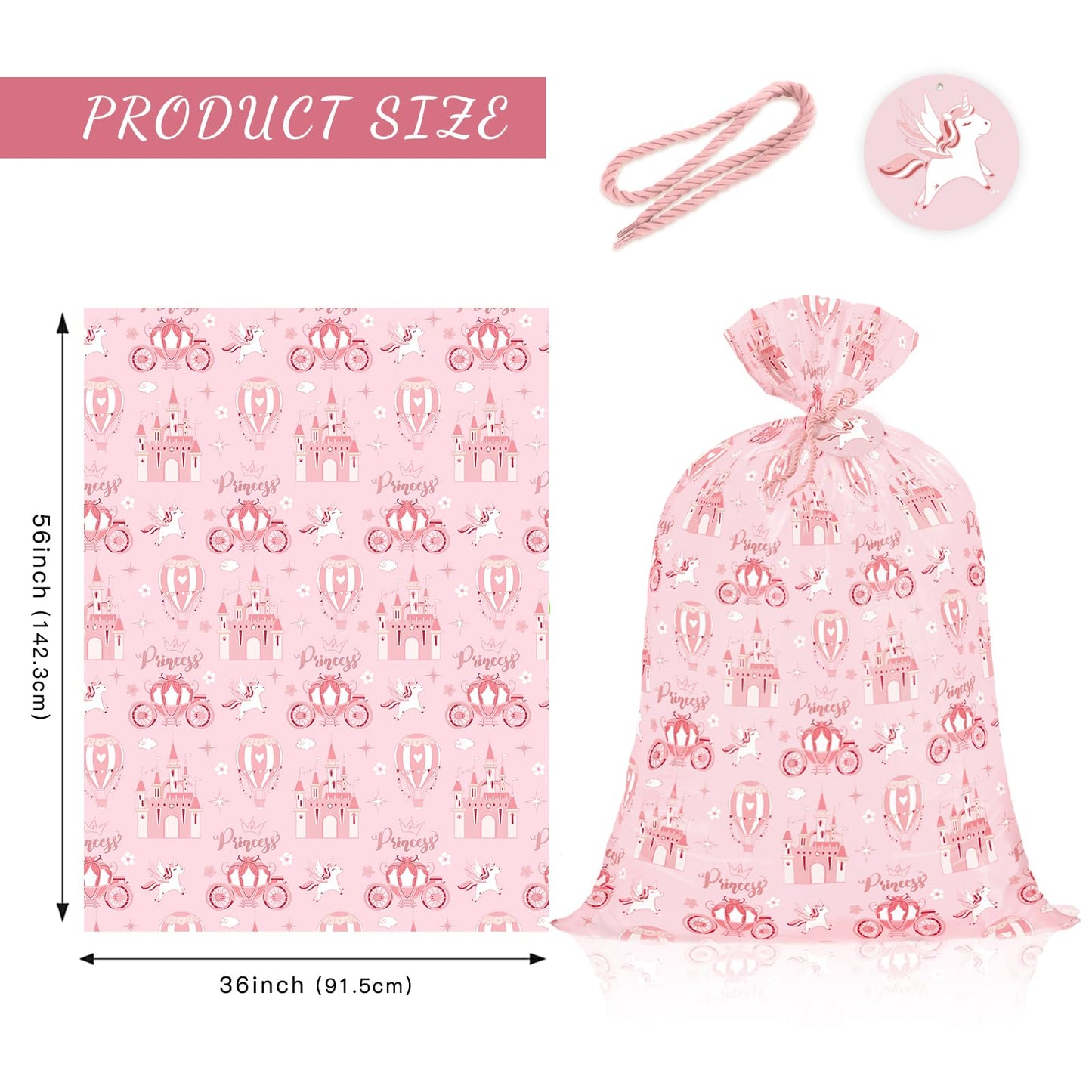 WRAPAHOLIC 56" Extra Large Princess Plastic Gift Bag - Princess Castle Design Pink Jumbo Bike Bag Gift Wrap for Kids Girls Birthday and Baby Girl Shower - 56" H x 36" W