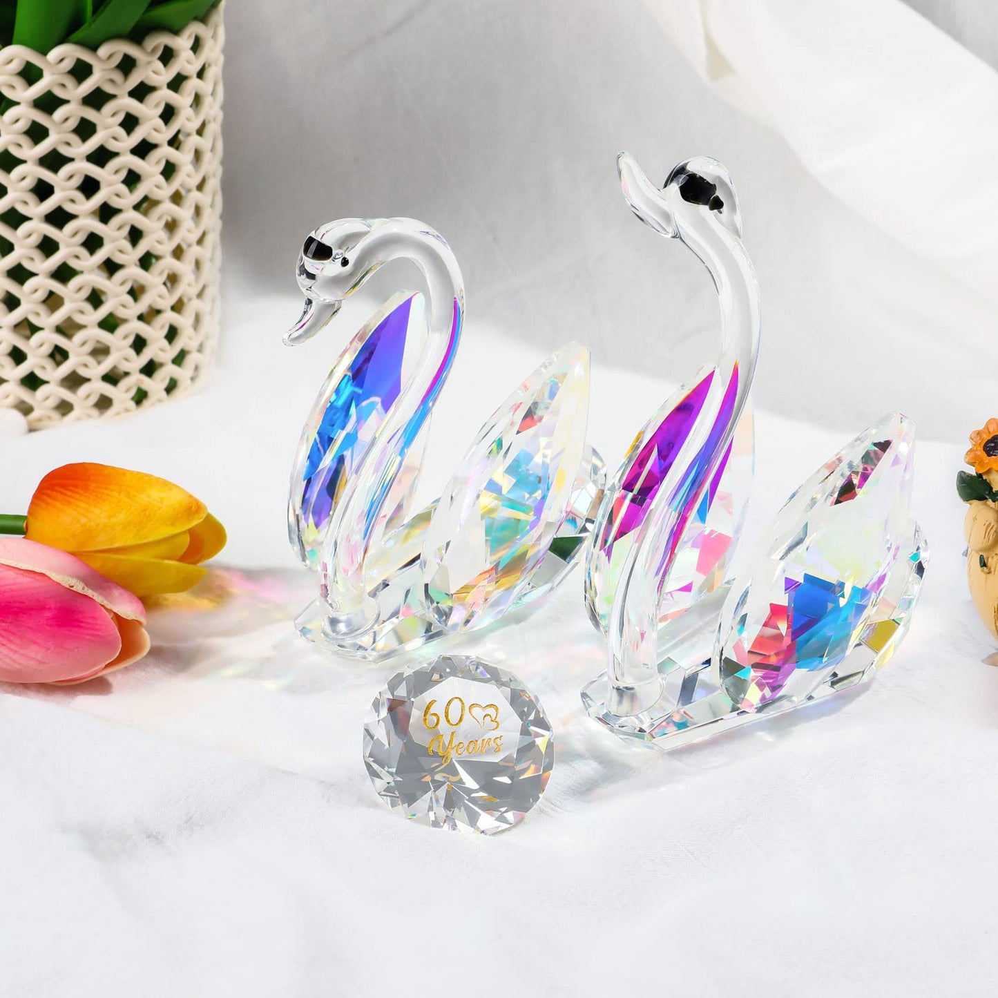 YWHL 60th Wedding Anniversary Swan Gifts for Parents Grandparents, 60 Years Anniversary for Couple, Crystal Figurine Decoration with 60 Years of Love Diamond