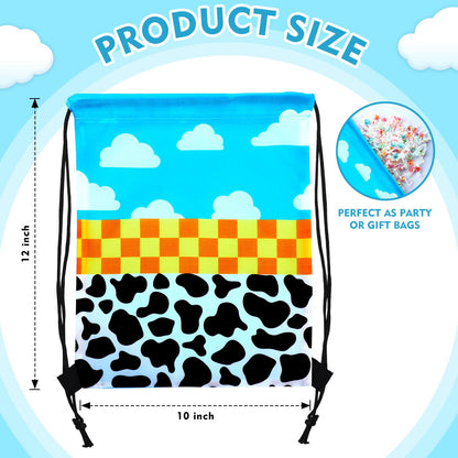 Abbylike 24 Pcs Cartoon Party Favor Bags Birthday Gift Candy Goodies Treat Drawstring Backpacks for Blue Sky Cloud Cow Party Room Decoration Prizes