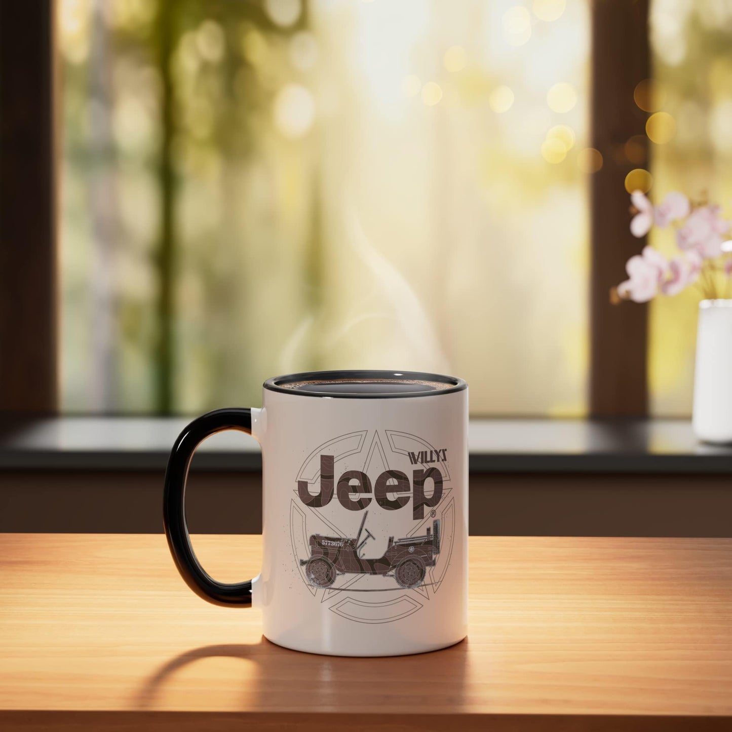 Jeep Willys Vintage Star Ceramic Mug, Black/White