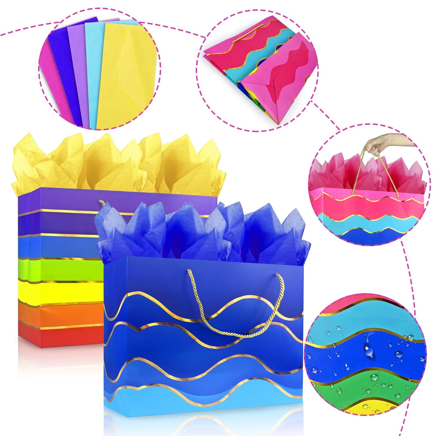 MUMULULU 5 Pack 16" Extra Large Gift Bags with Handle and Tissue Paper Birthday Gift Bags Rainbow Gift Bags for Birthday Party Baby Shower Wedding Holiday Presents
