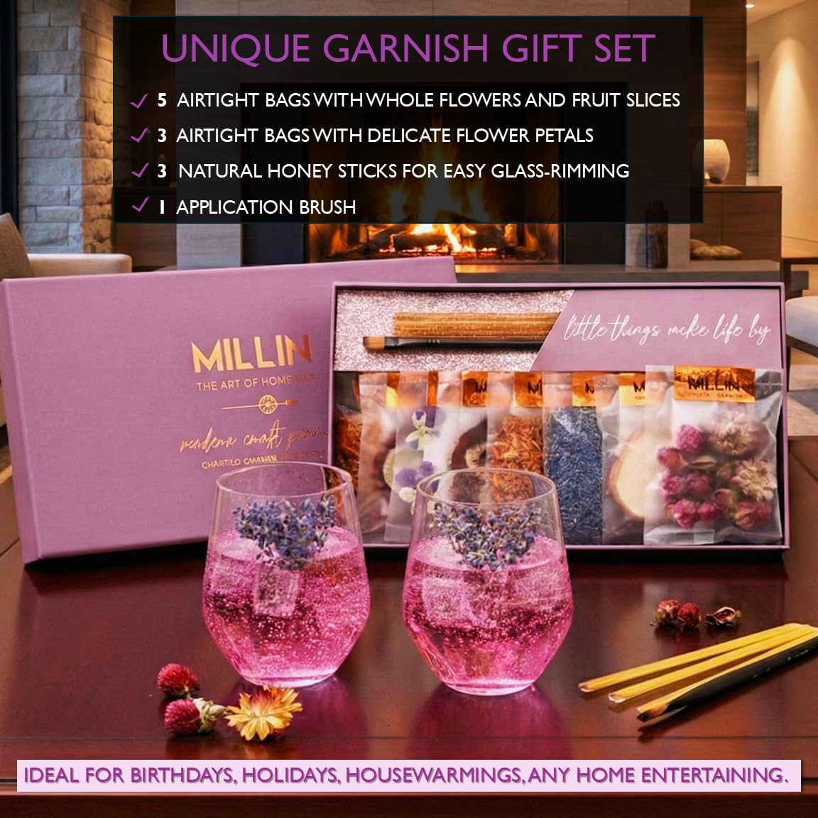 MILLIN Cocktail Garnish Gift Set – Edible Flowers & Dehydrated Fruits | Premium Bar Accessories | Unique Gift for Her | Holiday gifting