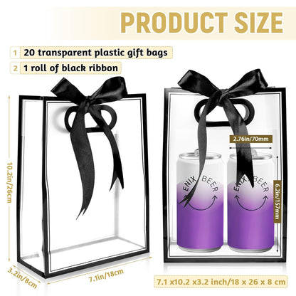 BadenBach 20 PCS Clear Gift Bags with Handles,7"x10"x3.2", Reusable Clear Party Favor Bags with Ribbon,Transparent Plastic Gift Bags for Bridal Party Baby Shower Wedding Mother's Day,Black