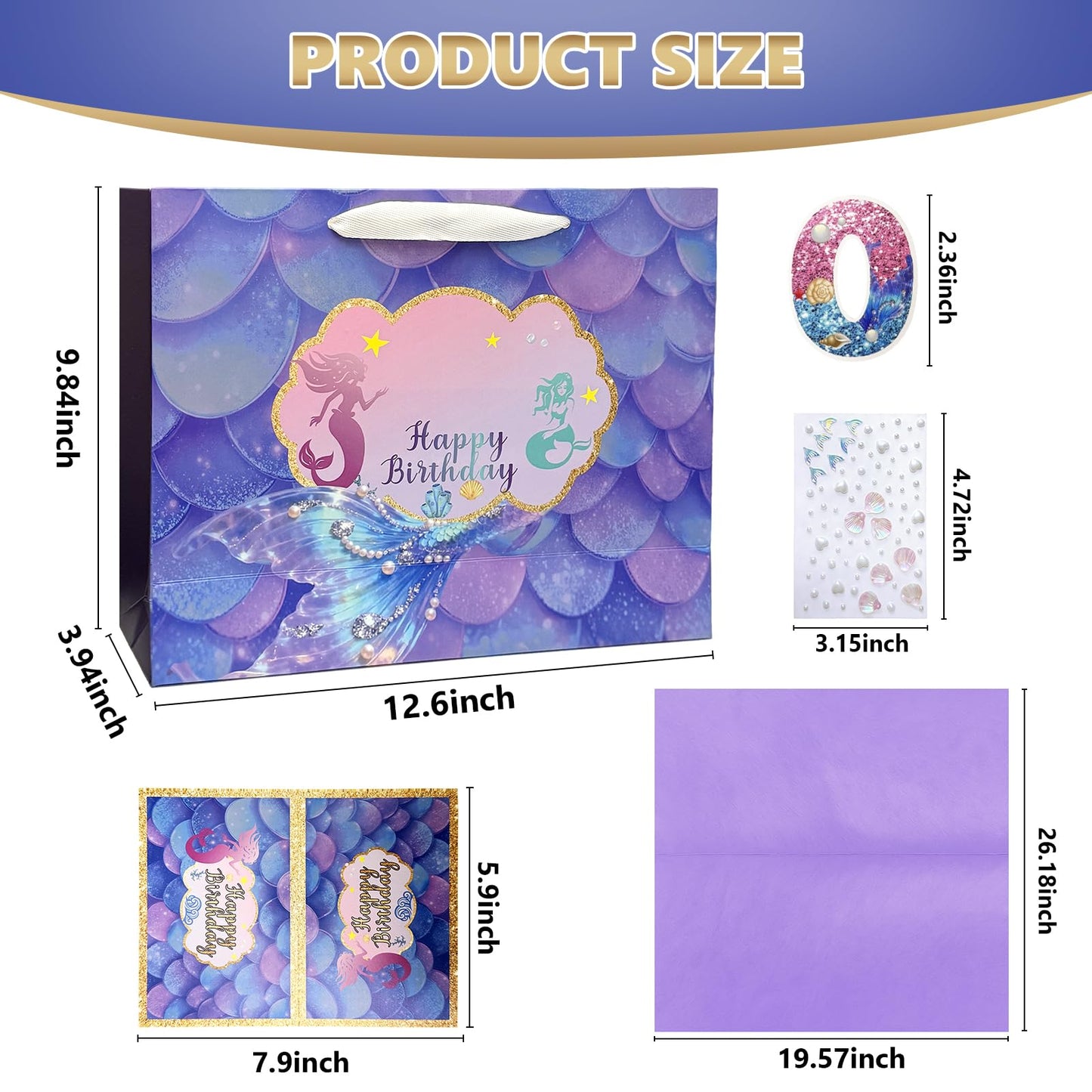 Fieoriia Birthday Gift Bags | Mermaid-themed gift bags with handles; includes cards, tissue paper, face decorations, and stickers. Suitable party supplies for women and girls aged 1-100. 1 pack