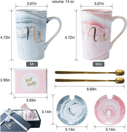 Jumway Wedding Gifts for Bride and Groom, Gifts for Bridal Shower Engagement Wedding and Married Couples Anniversary - Ceramic Marble Coffee Mugs with Real Gold Mr/Mrs Letters 14 Oz Pink