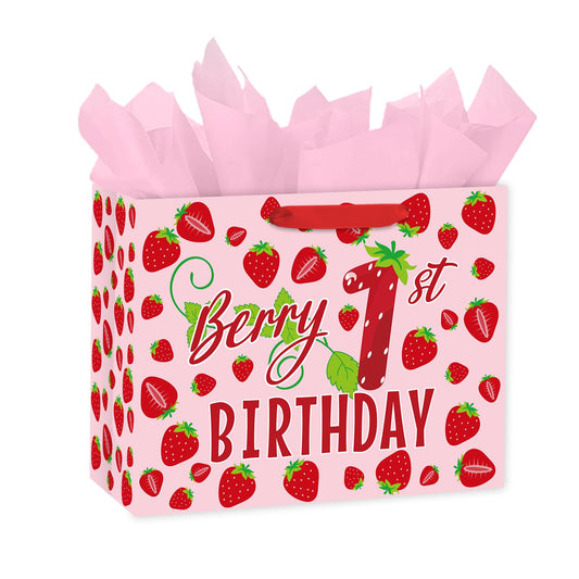 Loveinside 13" Large Berry 1st Birthday Gift Bag, Sweet Pink Strawberry Theme Gift Bag with Tissue Paper for Baby Girl First Birthday, New Born Baby Shower, Party Favor, 13" x 5" x 10", 1 Pcs