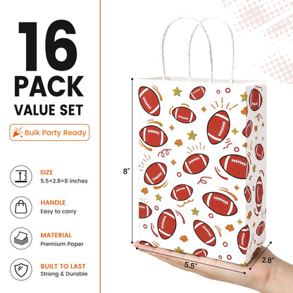 VGOODALL 16 Pack Football Goodie Bags with Handles, 5.5 x 2.8 x 8 Inches, Paper Gift Bags for Team Snack kids Birthday Party Favor Supplies