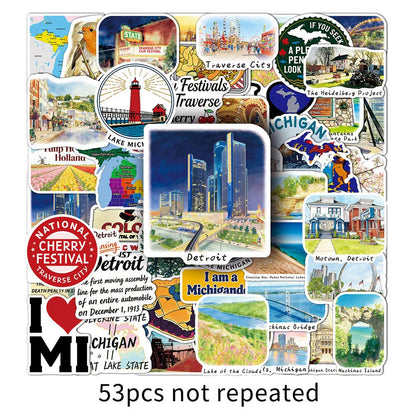 Michigan State Stickers |53Pcs Michigan MI Travel Waterproof Vinyl Decals for Water Bottles Laptop Luggage Cup Computer Mobile Phone Skateboard Guitar Helmet Snowboard Décor