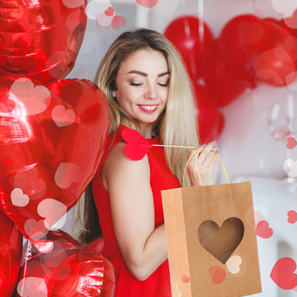 Eersida 24 Pcs Valentine's Day Gifts Bags with Heart Window Kraft Brown Paper Goodie Bag Bulk Holiday Candy Treat Wrapping with Handle for Galentines Wedding Birthday Party Supplies, 8.3"x5.9"x3.2"