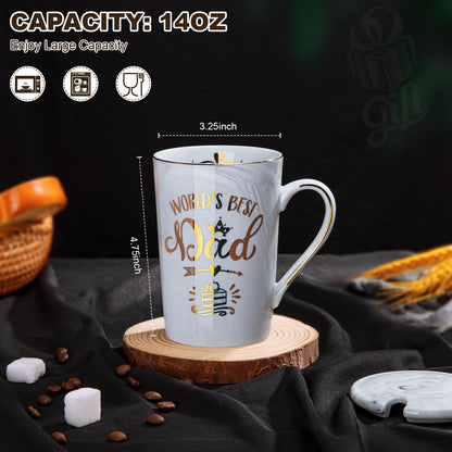 Fathers Day Birthday Gifts Presents for Dad from Daughter Son - World's Best Dad - Funny Daddy Mug with Gold Print, 14Oz Grey Marble Ceramic Coffee Cup, with Lid Spoon Greeting Card, Nice Gift Boxed