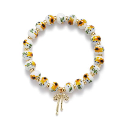 Beads Bow Charm Bracelet for Women Flower Vintage Bracelet Handmade Stretch Beaded Dainty Romantic Jewelry Gifts